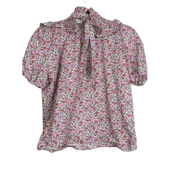 ZARA Cotton Smock Ruffle Floral Print Poplin Blouse Shortsleeve Elastic S Pink - Picture 4 of 12